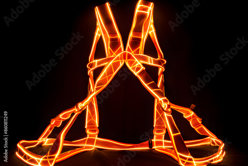 Neon orange climbing harness isotated on black background. © Neon Hub