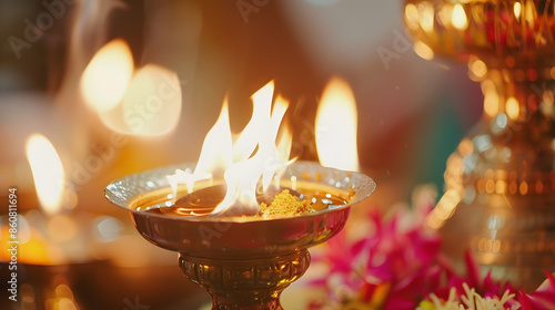 Indian hindu puja in marriage hawan puja at wedding selective focus : Generative AI photo