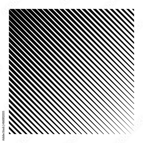 Black fading diagonal lines on white background. Parallel stripes inclined at angle of 45 degrees. Oblique straight strips print with gradient or halftone effect. Vector graphic illustration