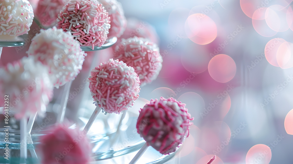wedding cakepops with pink flowers on a glass stand selective focus : Generative AI wedding cakepops with pink flowers on a glass stand selective focus : Generative AI