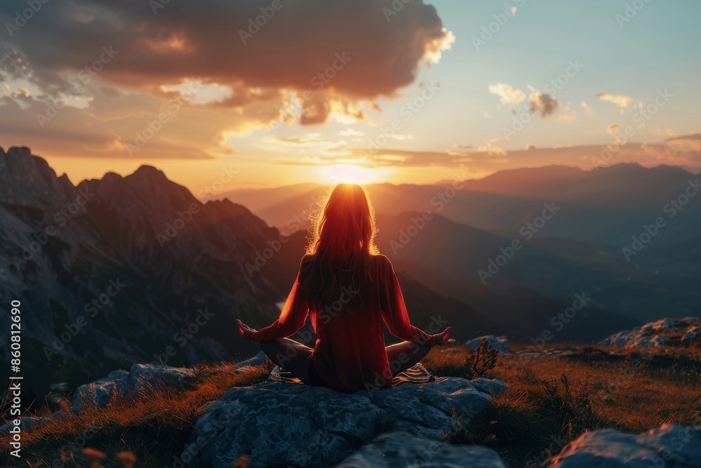 A fitness girl practicing yoga on a mountain in silhouette A fitness girl practicing yoga on a mountain in silhouette
