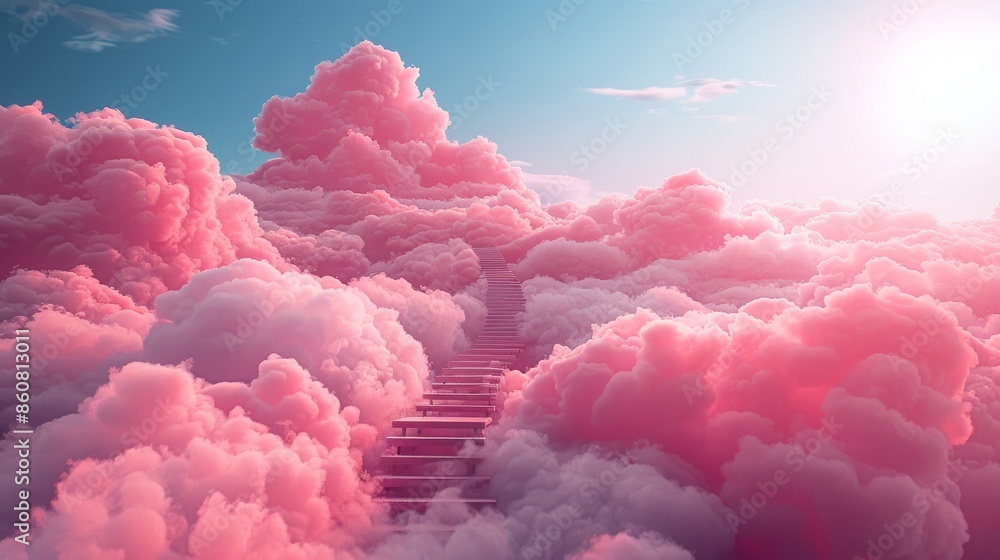 Step ladder leading to clouds. Concept of development, growth, and future. Composition in pink. Step ladder leading to clouds. Concept of development, growth, and future. Composition in pink.