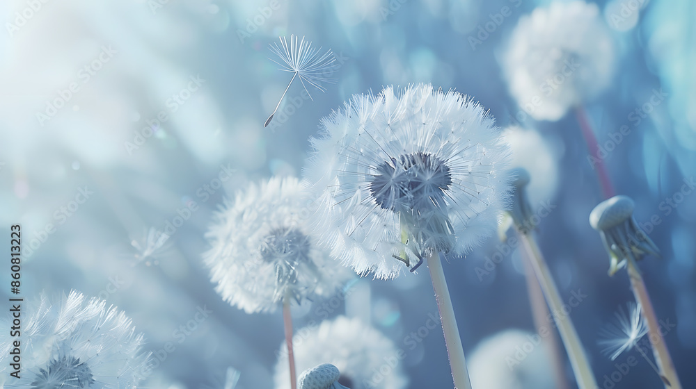 Obraz premium Dreamy dandelions blowball flowers seeds fly in the wind against sunlight Vintage Dusty Blue pastel toned Macro soft focus Image of spring Nature greeting card background : Generative AI