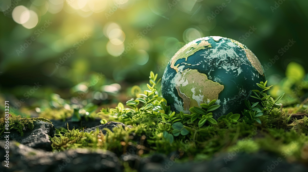A miniature globe rests on a bed of lush green moss and plants, symbolizing environmental sustainability and the beauty of nature A miniature globe rests on a bed of lush green moss and plants, symbolizing environmental sustainability and the beauty of nature