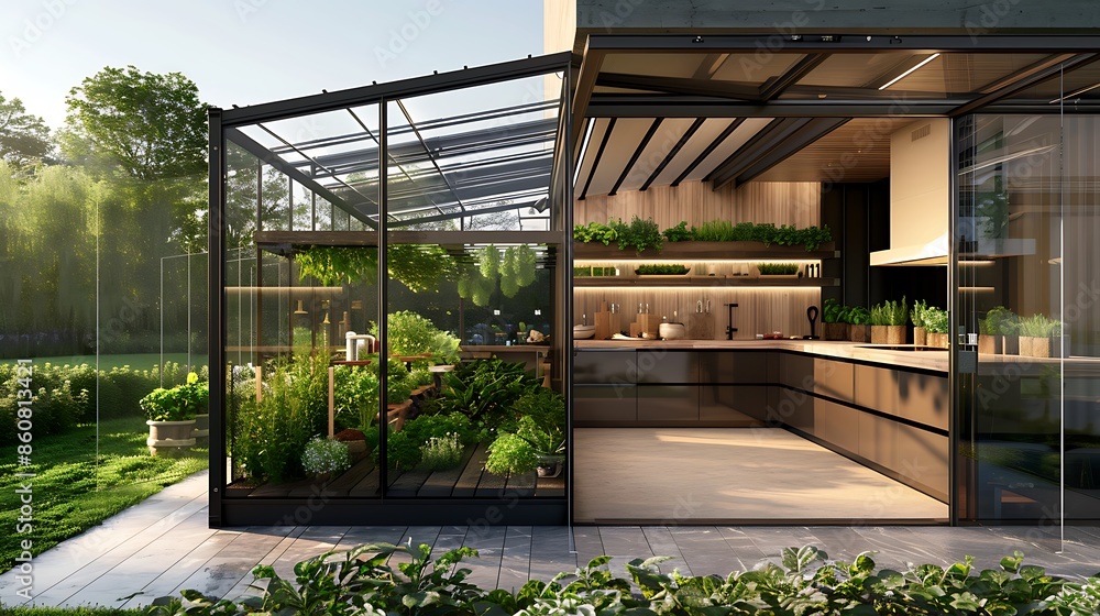 modern greenhouse attached to a kitchen, where glass partitions slide open allowing direct access to fresh herbs and vegetables, embodying the farm-to-table concept modern greenhouse attached to a kitchen, where glass partitions slide open allowing direct access to fresh herbs and vegetables, embodying the farm-to-table concept