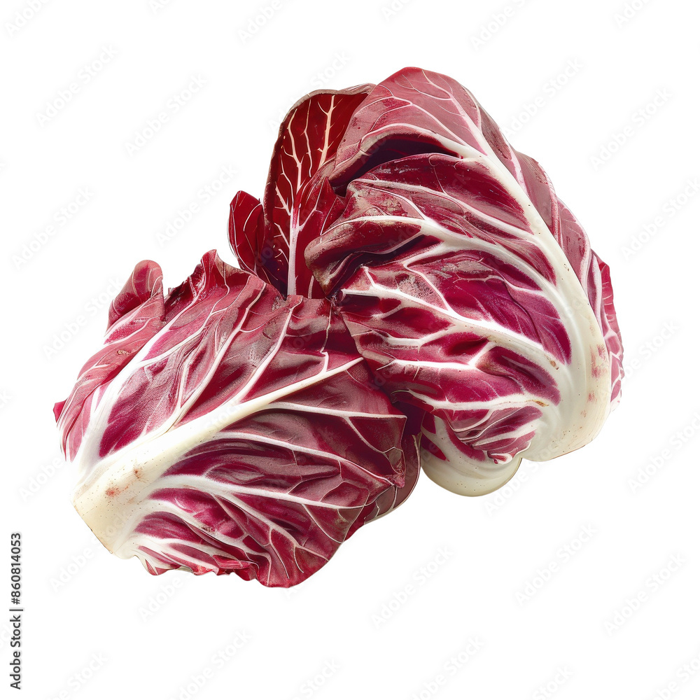 Obraz premium Fresh radicchio cabbage on white background, showcasing vibrant red leaves perfect for salads and gourmet dishes.