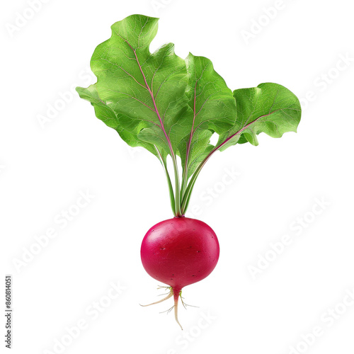 Fresh red radish isolated on white background with green leaves, perfect for healthy recipes, salads, and vegetarian dishes.