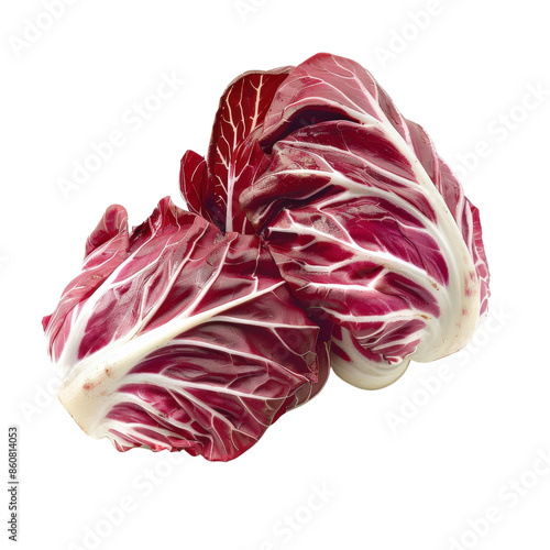 Fresh radicchio cabbage on white background, showcasing vibrant red leaves perfect for salads and gourmet dishes.