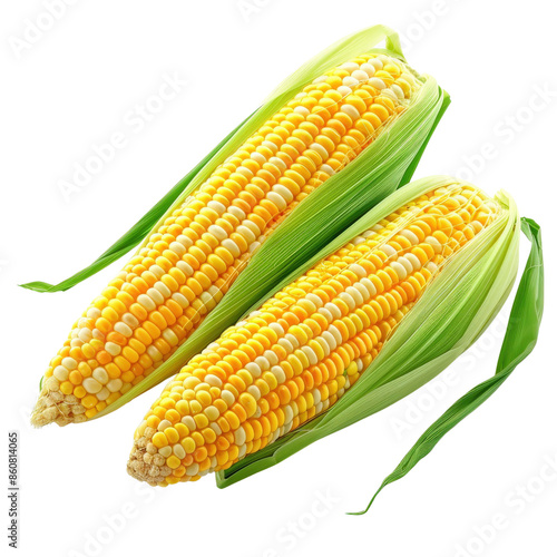 Fresh ripe corn cobs with green husks isolated on white background. Perfect for kitchen, food, and farming related projects.