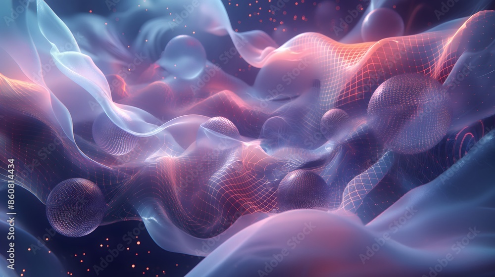 Fototapeta premium 7. Generate a kinetic abstract environment with cascading layers of pulsating waves and glowing orbs, creating an illusion of depth and movement.