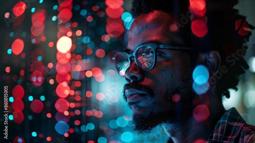 Late night reflection: a software developer's portrait with digital data reflected in glasses