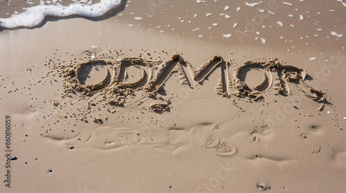 Beach Sand with 'Odmor' Text, Waves and Vacation Theme photo