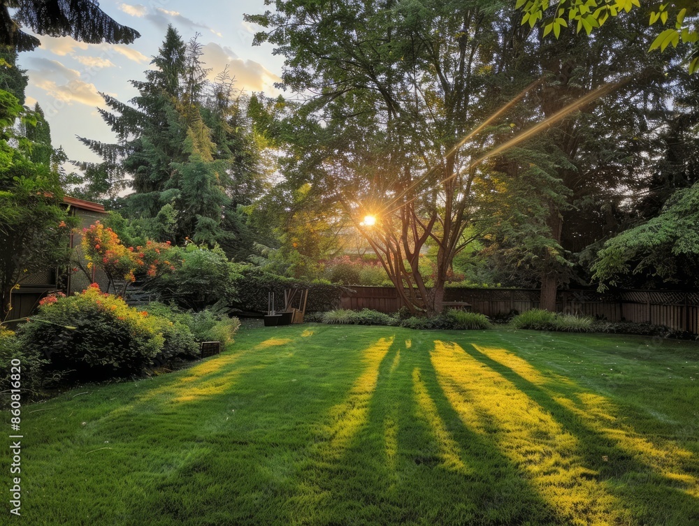 Obraz premium A sunny day in a backyard with trees and grass.