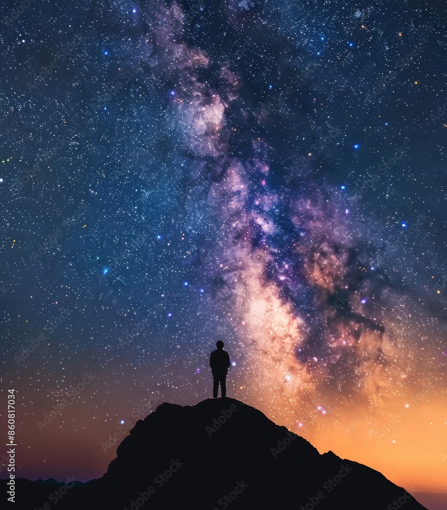 A man standing in a high place looking up in wonder at the Milky Way galaxy during nighttime long exposure photography. A man standing in a high place looking up in wonder at the Milky Way galaxy during nighttime long exposure photography.