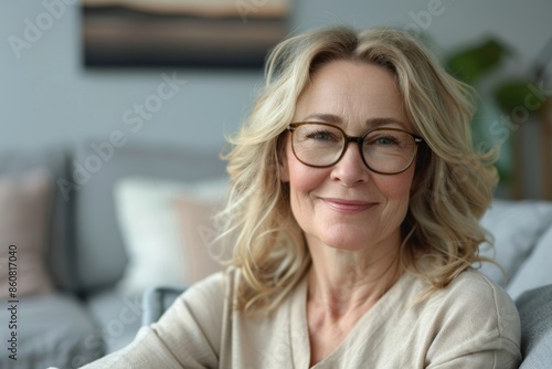 A smiling middle-aged mature grey haired woman looks at the camera, smiling girl poses indoors, smiling single senior retired woman sitting on sofa in living room.