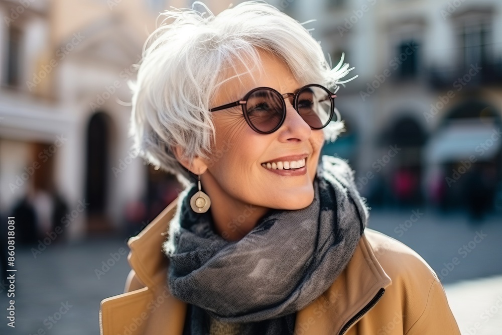 Portrait of a beautiful middle-aged woman with short hair and sunglasses Portrait of a beautiful middle-aged woman with short hair and sunglasses
