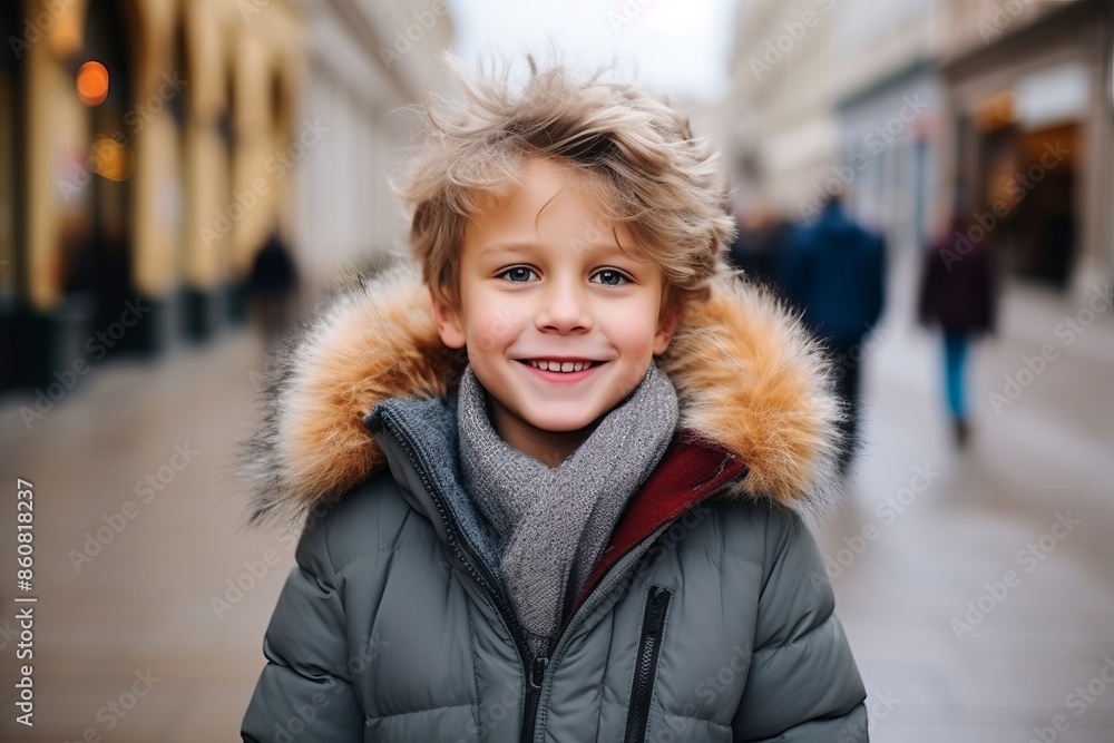 Portrait of a smiling boy in a winter coat on the street Portrait of a smiling boy in a winter coat on the street