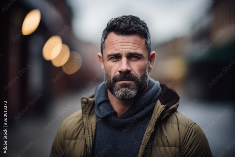 Portrait of a handsome bearded man wearing a coat and scarf in the city. Portrait of a handsome bearded man wearing a coat and scarf in the city.
