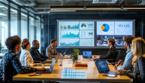 Team meeting in conference room with presentation screen