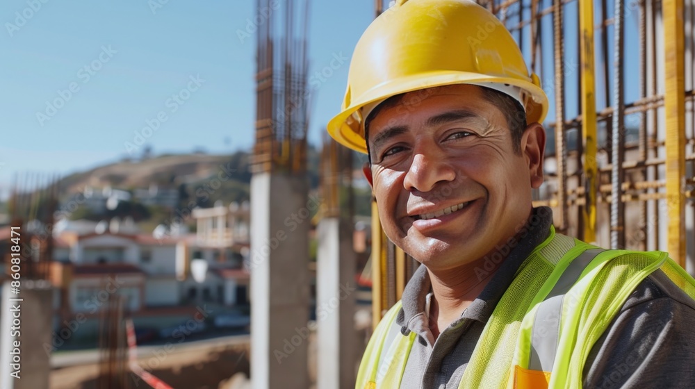Outdoor photo of a middle-aged hispanic man with short dark hair, smiling satisfactory, wearing a yellow hard hat and a high-visibility yellow safety vest working on a construction site Outdoor photo of a middle-aged hispanic man with short dark hair, smiling satisfactory, wearing a yellow hard hat and a high-visibility yellow safety vest working on a construction site