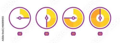 15 minutes, 30 minutes, 45 minutes, 60 minutes tar set. purple-orange four-step indicator concept. time setting dial set