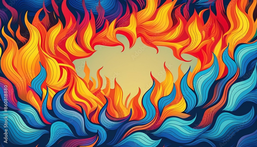 Flames forming a frame, Pop Art, Bold primary colors, Graphic design, Retro flames and stylized fire effects Flames forming a frame, Pop Art, Bold primary colors, Graphic design, Retro flames and stylized fire effects
