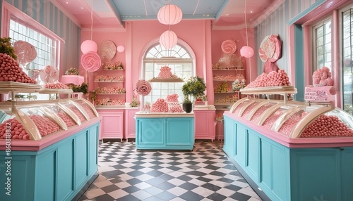 A vibrant and charming candy shop with a mix of pastel pink and blue decor, candyfilled shelves, retro neon signs, a checkered floor, and whimsical decorations, creating a joyful and colorful environm photo