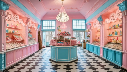 A vibrant and charming candy shop with a mix of pastel pink and blue decor, candyfilled shelves, retro neon signs, a checkered floor, and whimsical decorations, creating a joyful and colorful environm