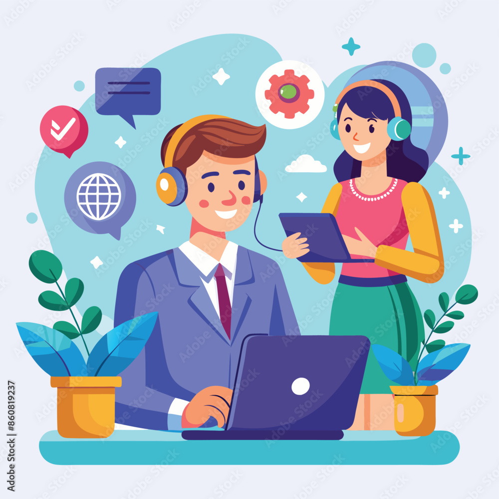 A flat illustration of customer support helping A flat illustration of customer support helping