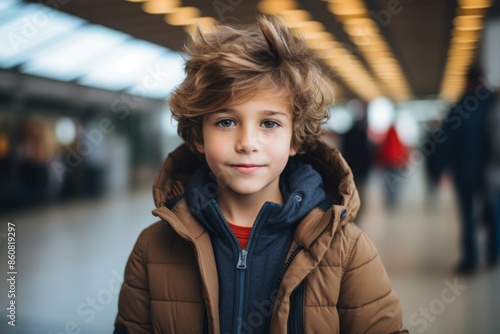 Portrait of a cute little boy with blond curly hair in a brown jacket at the airport. © Stocknterias