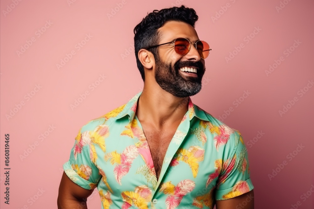 Portrait of a handsome young man in a colorful shirt and sunglasses Portrait of a handsome young man in a colorful shirt and sunglasses