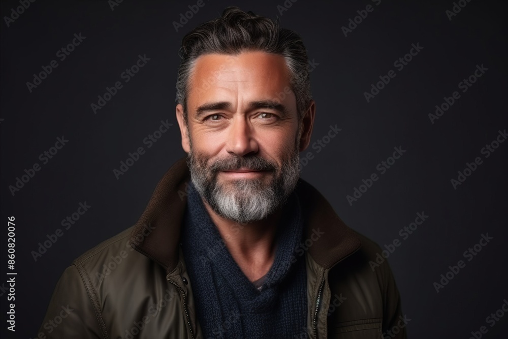 Portrait of a handsome middle-aged man with grey beard and mustache wearing a warm jacket. Portrait of a handsome middle-aged man with grey beard and mustache wearing a warm jacket.