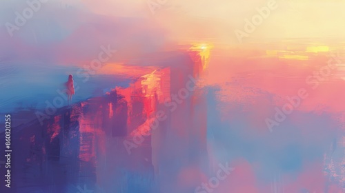 Impressionistic Skyline at Sunset: Serenity and Reflection with Ample Copy Space © Rade Kolbas