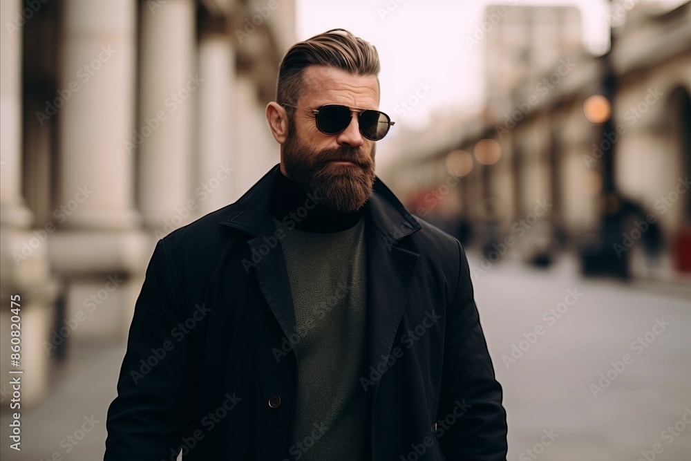 Portrait of a stylish bearded man in a coat and sunglasses. Men's beauty, fashion. Portrait of a stylish bearded man in a coat and sunglasses. Men's beauty, fashion.