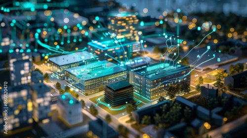 Obraz na płótnie Sustainable, smart office buildings, small city sweden, data connected on circuit in blue and green. neon w salonie