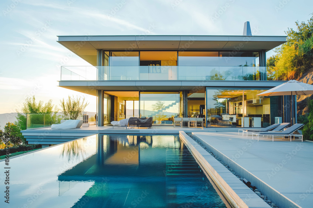 Obraz premium A contemporary house with a flat roof, large glass panels, and a pool.
