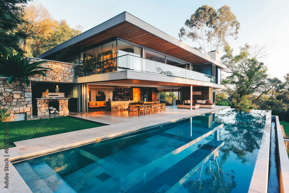 Fototapeta premium A contemporary house with a flat roof, large glass panels, and a pool.