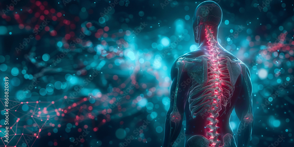 Human body with a glowing red spine on a dark blue background, depicting pain in the back and neck Human body with a glowing red spine on a dark blue background, depicting pain in the back and neck