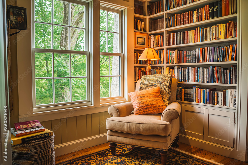 Fototapeta premium A cozy reading nook with a comfortable chair, a small bookshelf, and a window seat.