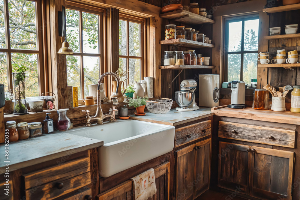 A cozy rustic kitchen with wooden cabinets, a farmhouse sink, and vintage decor. A cozy rustic kitchen with wooden cabinets, a farmhouse sink, and vintage decor.