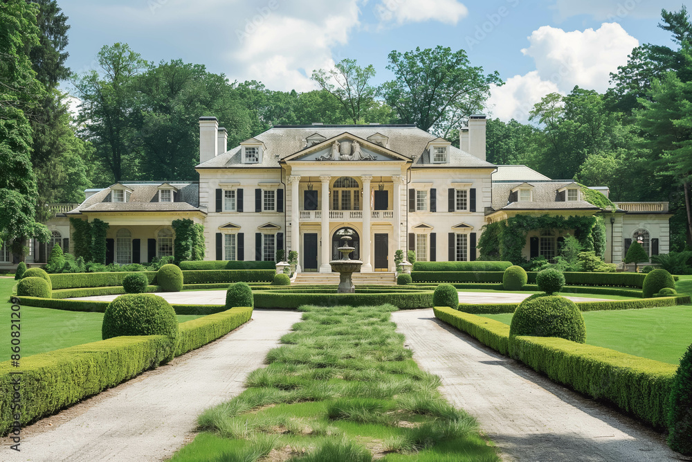 A glamorous mansion with a grand entrance, circular driveway, and manicured lawns. A glamorous mansion with a grand entrance, circular driveway, and manicured lawns.