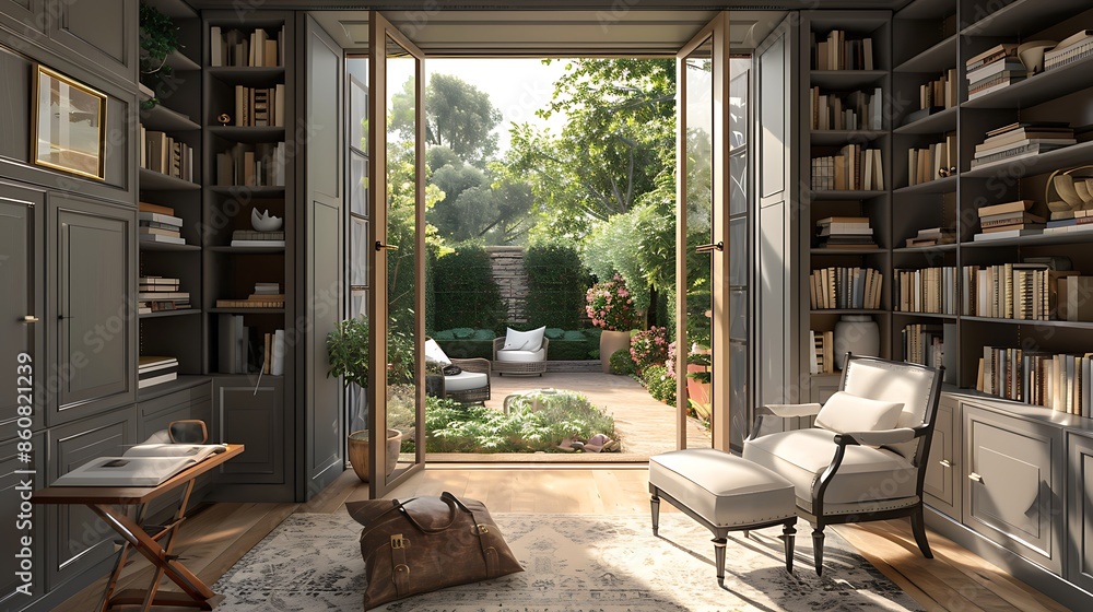 tranquil writer's nook with sliding bookcase doors that open to reveal a hidden garden patio, encouraging inspiration from the natural surroundings tranquil writer's nook with sliding bookcase doors that open to reveal a hidden garden patio, encouraging inspiration from the natural surroundings