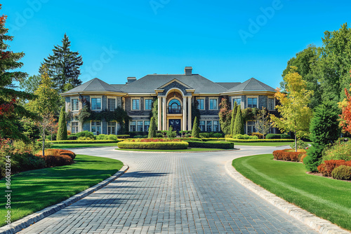 A luxurious mansion with a grand entrance, circular driveway, and manicured lawns.