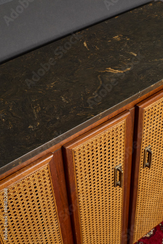 Vintage 1960s bar cabinet. Mid-century modern credenza. Woven cane furniture.  