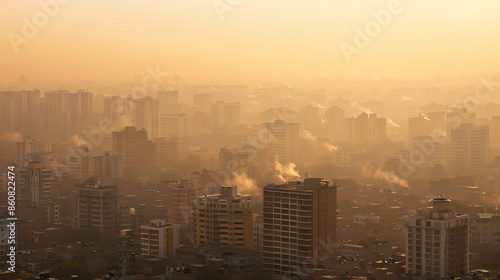 A cityscape shrouded in a yellowish-brown haze of air pollution, highlighting the health risks associated with poor air quality. Air pollution bad ecology © SappiStudio