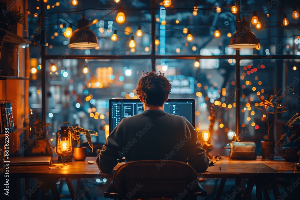 Man Working on Computer in Nighttime Cityscape Setting Man Working on Computer in Nighttime Cityscape Setting