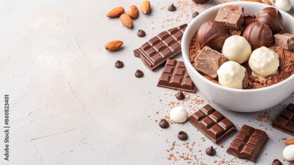 Assorted chocolates and truffles in a white bowl with scattered almonds and chocolate bars on a light textured background. Assorted chocolates and truffles in a white bowl with scattered almonds and chocolate bars on a light textured background.
