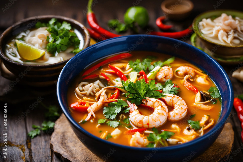 Asian tom yum thale with seafood. Spicy tom yum soup with ingredients in plates on the table. Asian tom yum thale with seafood. Spicy tom yum soup with ingredients in plates on the table.