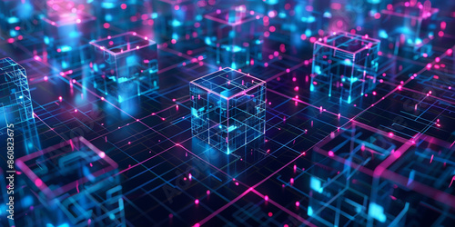 Background with glowing cubes and digital connections, blue and pink colors