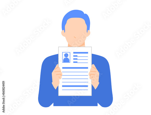 履歴書を見せる男性のシンプルでフラットなイラスト